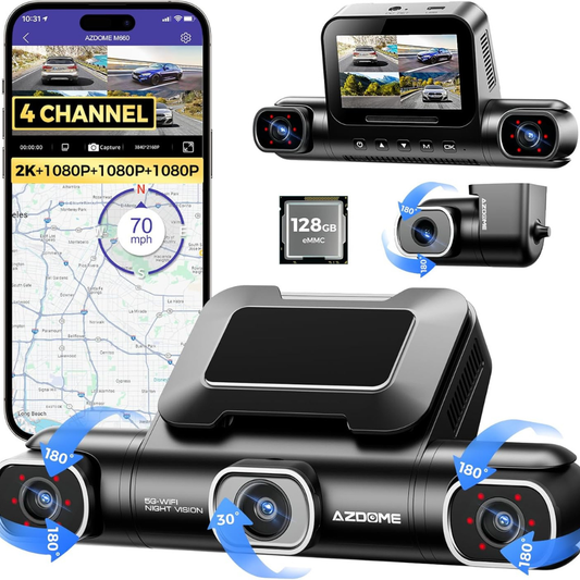 AZDOME M660 360° 4 Channel Dash Cam, Built-in 128GB eMMC, 2K+1080P*3 Dashcam.