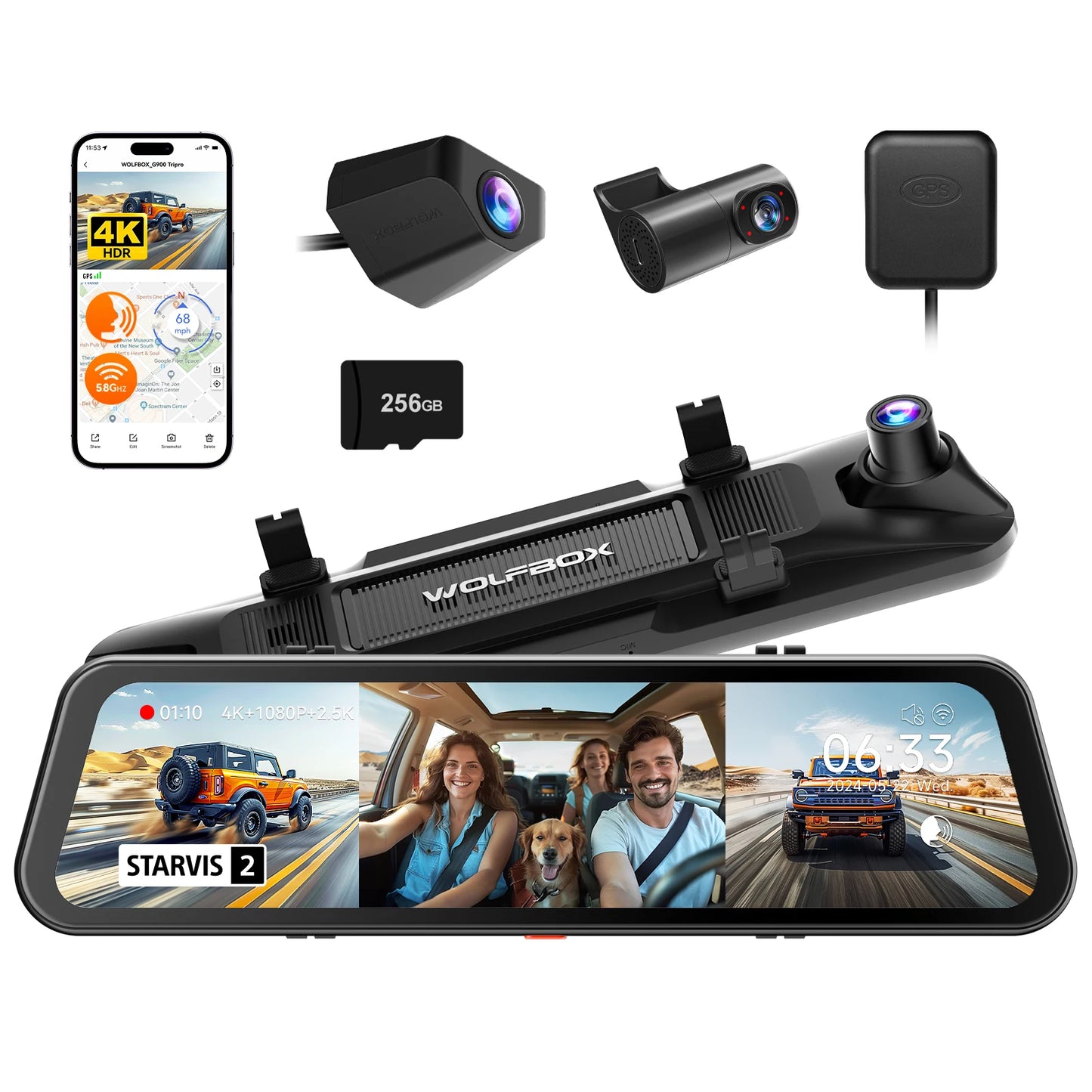 WOLFBOX G900 Tripro Cabin Version 3 Channel 4K Rear View Mirror Camera
