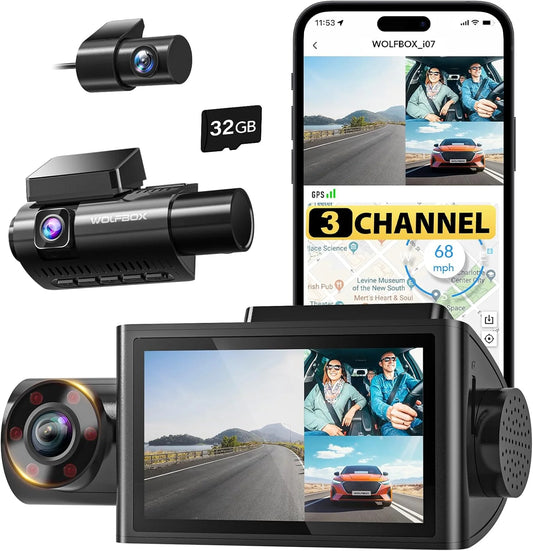 WOLFBOX i07 3 Channel Dash Cam Built-in WiFi GPS, 1440P+1080P+1080P Dash Camera.
