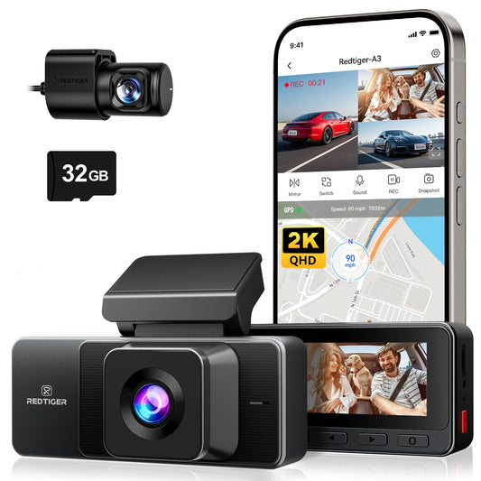 REDTIGER A3 Dash Camera, 3 Channel, 2.5K Front + 1080P Dash Cam Front and Rear and Inside
