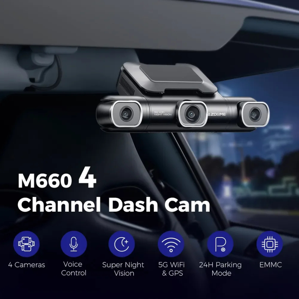 AZDOME M660 360° 4 Channel Dash Cam, Built-in 128GB eMMC, 2K+1080P*3 Dashcam.