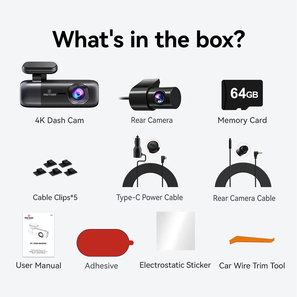 REDTIGER F9 12v Cigar Power Cord, 4K Dash Cam Front + Rear.
