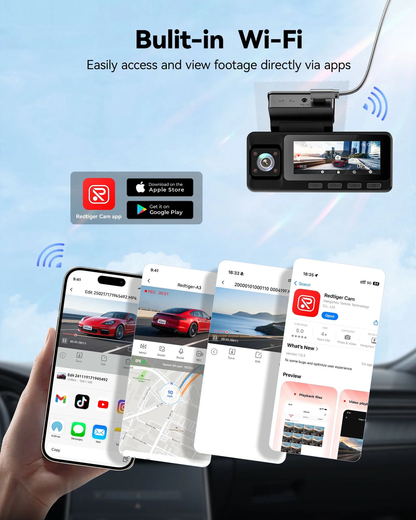 REDTIGER A3 Dash Camera, 3 Channel, 2.5K Front + 1080P Dash Cam Front and Rear and Inside
