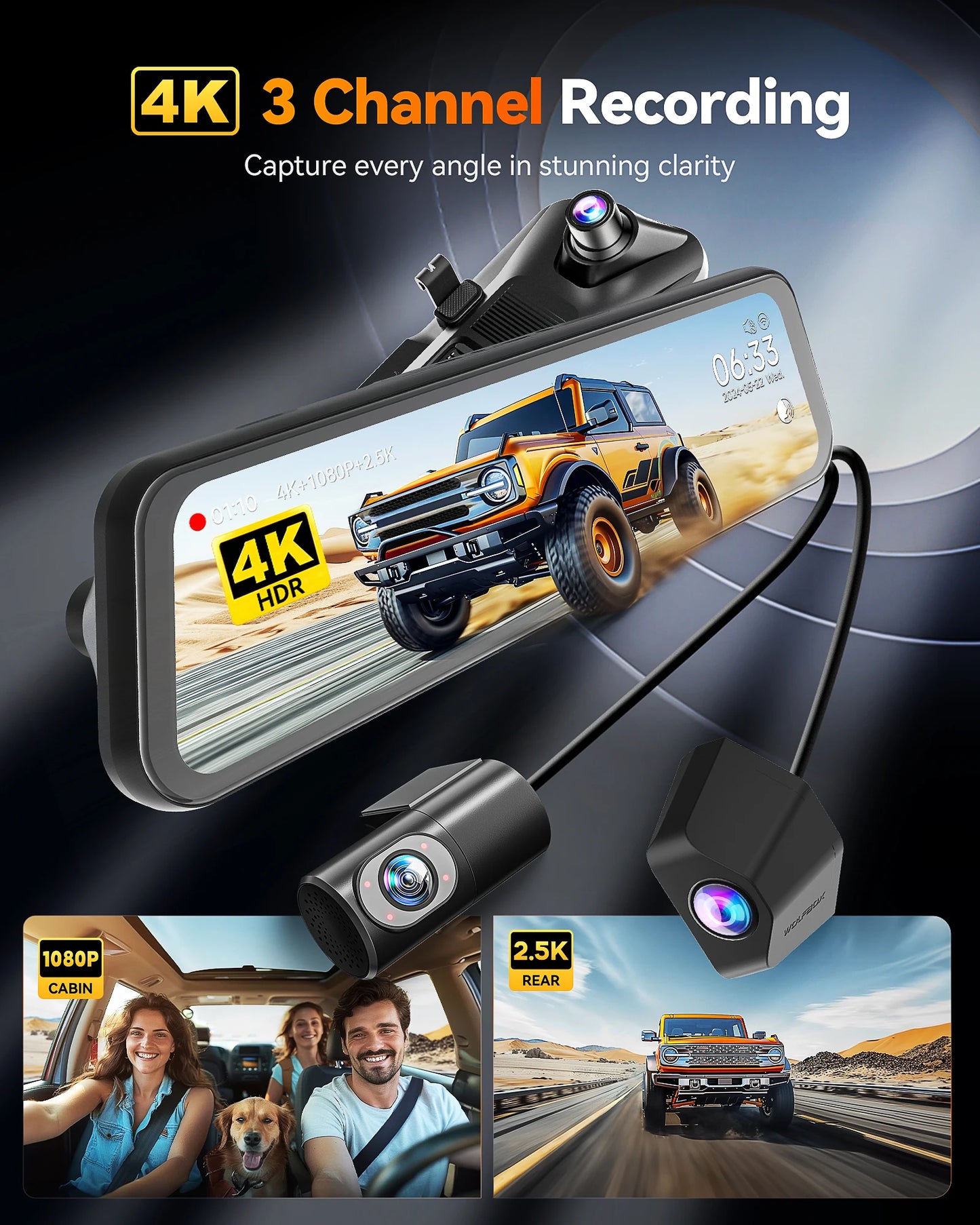 WOLFBOX G900 Tripro Cabin Version 3 Channel 4K Rear View Mirror Camera