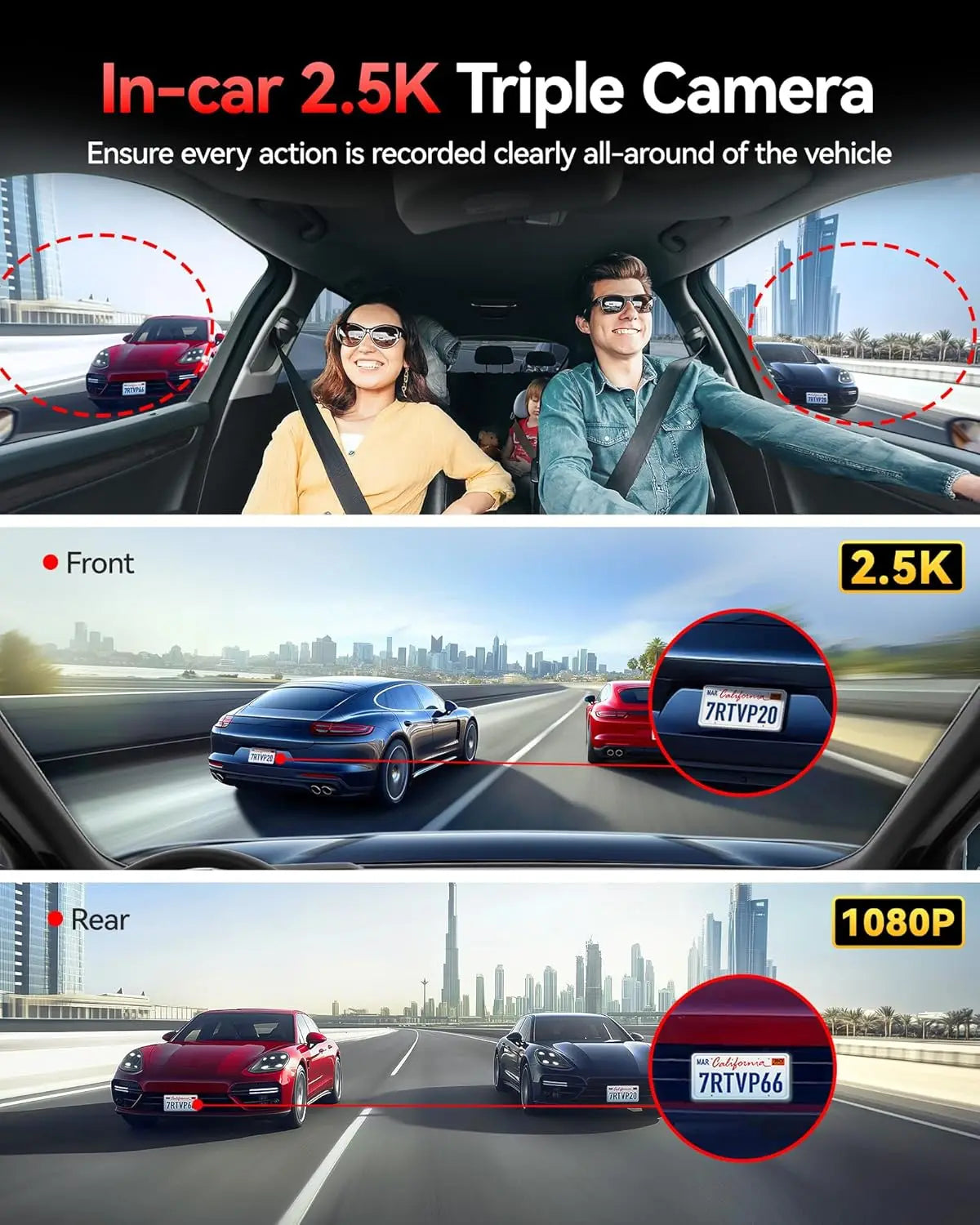 REDTIGER VP20 530° Dash Cam 3 Channel, 2.5K+2.5K+1080P Triple Car Camera