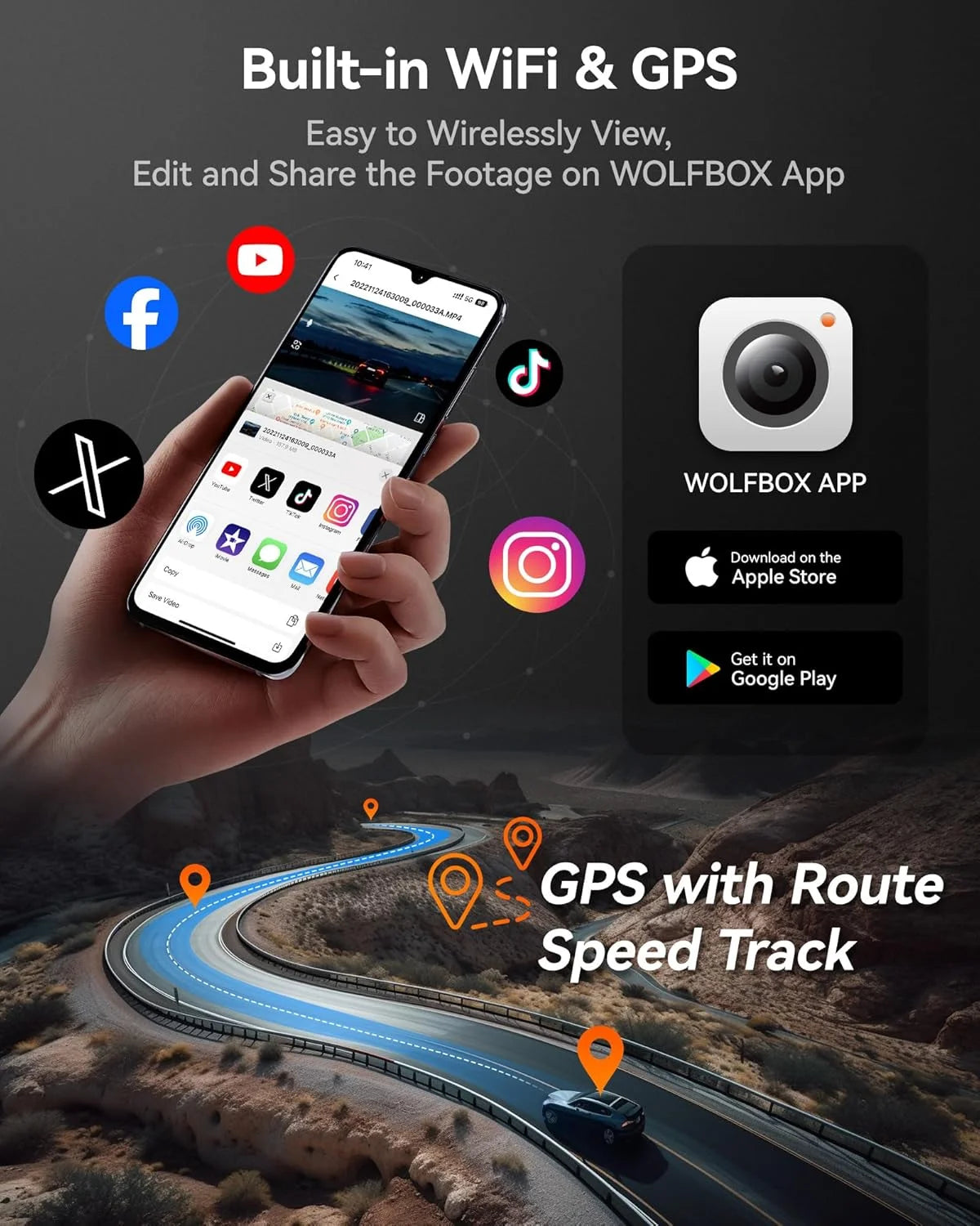 WOLFBOX i07 3 Channel Dash Cam Built-in WiFi GPS, 1440P+1080P+1080P Dash Camera.