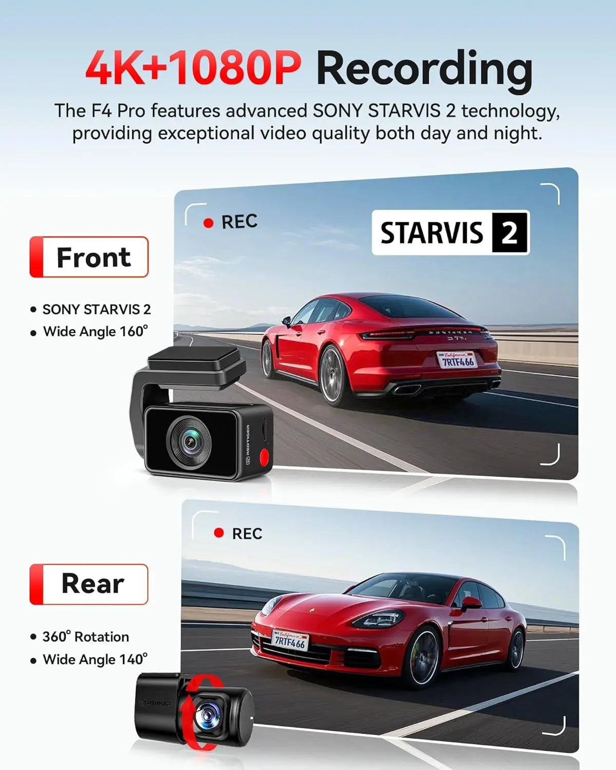 REDTIGER F4 Pro 4K Front Rear Dash Cam STARVIS 2 Sensor