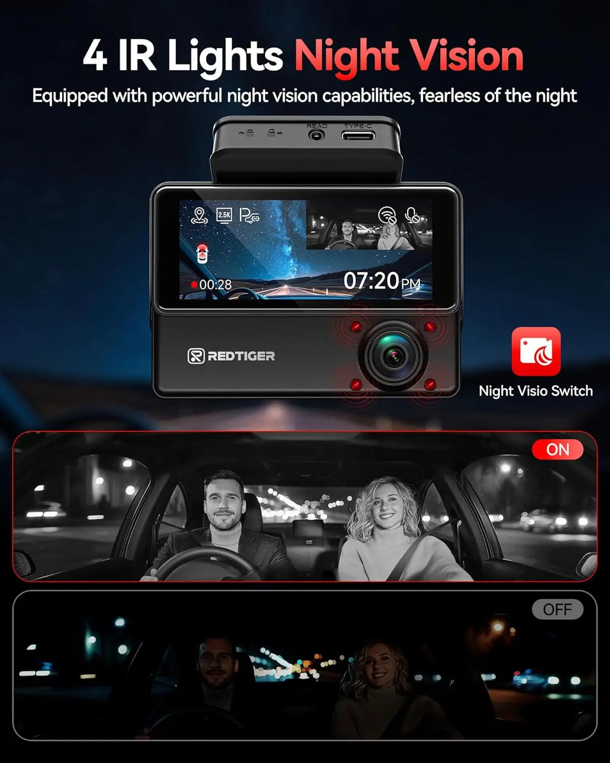 REDTIGER VP20 530° Dash Cam 3 Channel, 2.5K+2.5K+1080P Triple Car Camera