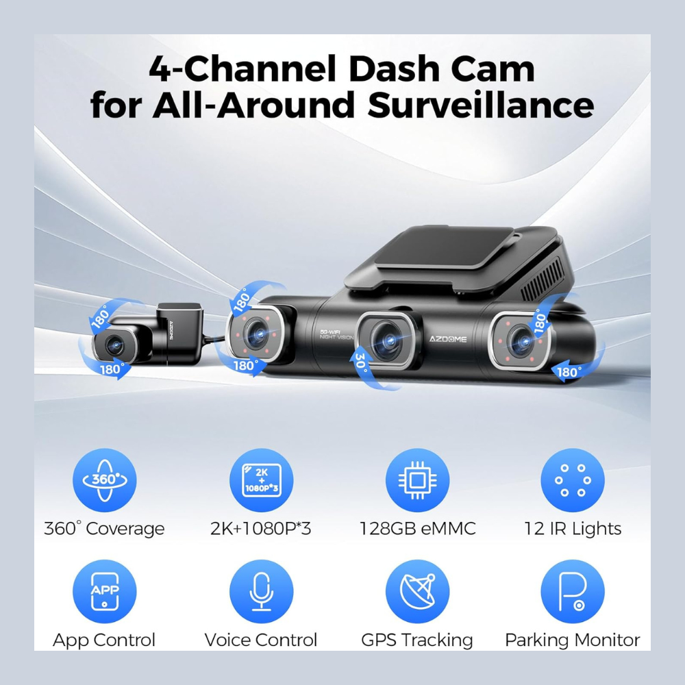 AZDOME M660 360° 4 Channel Dash Cam, Built-in 128GB eMMC, 2K+1080P*3 Dashcam.
