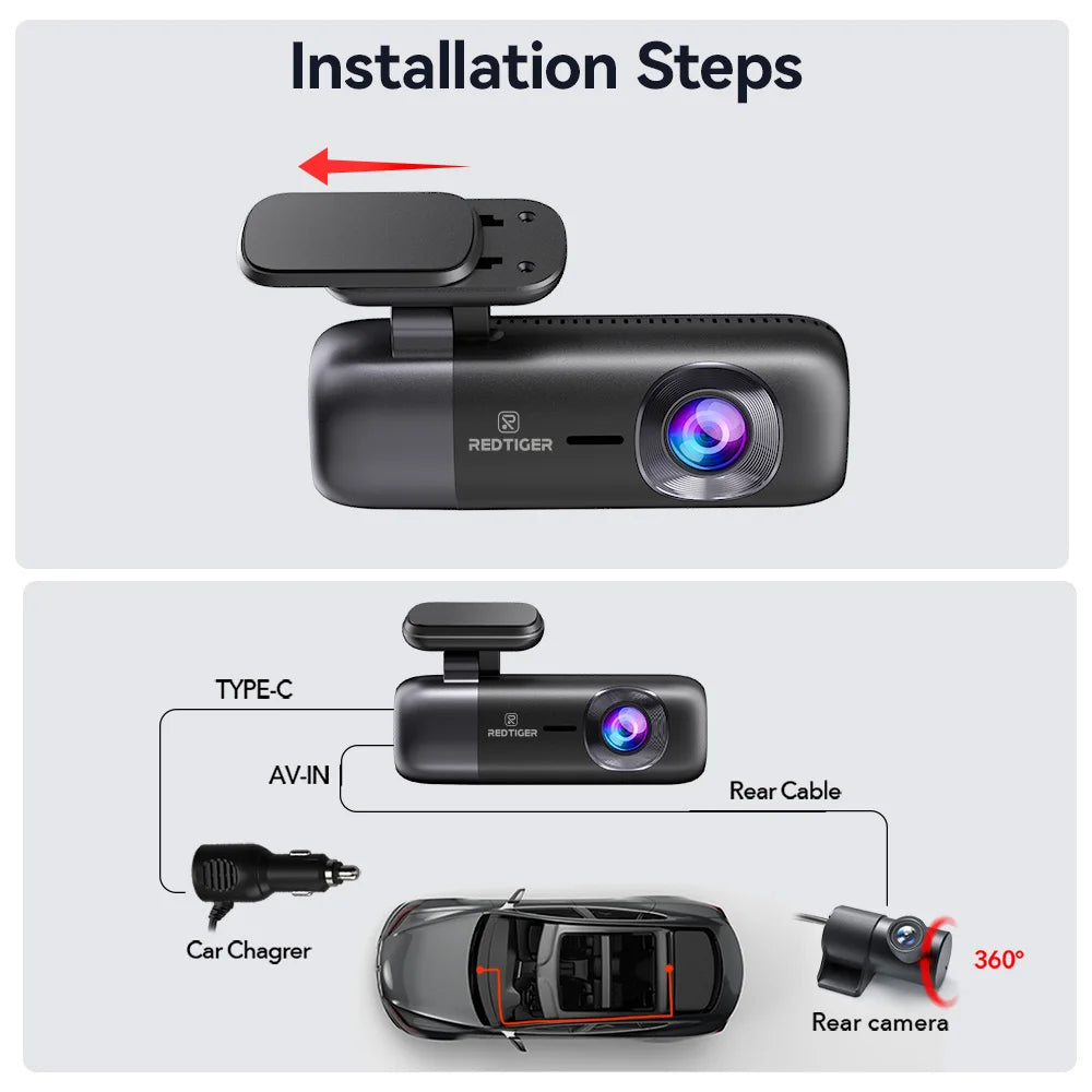 REDTIGER F9 12v Cigar Power Cord, 4K Dash Cam Front + Rear.