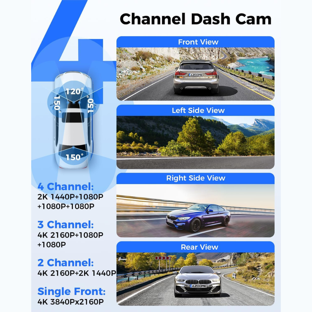 AZDOME M660 360° 4 Channel Dash Cam, Built-in 128GB eMMC, 2K+1080P*3 Dashcam.