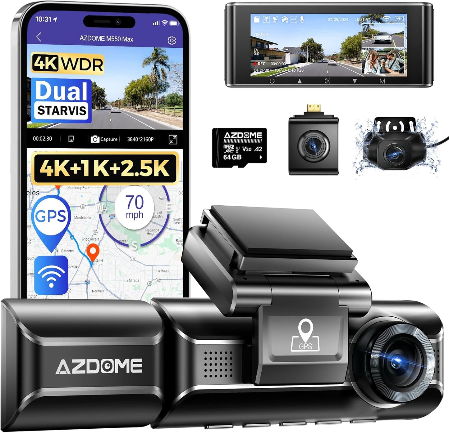 AZDOME M550 Max 4K 3 Channel Dash Cam, Dual STARVIS Sensors, 4K+2.5K+1080P.