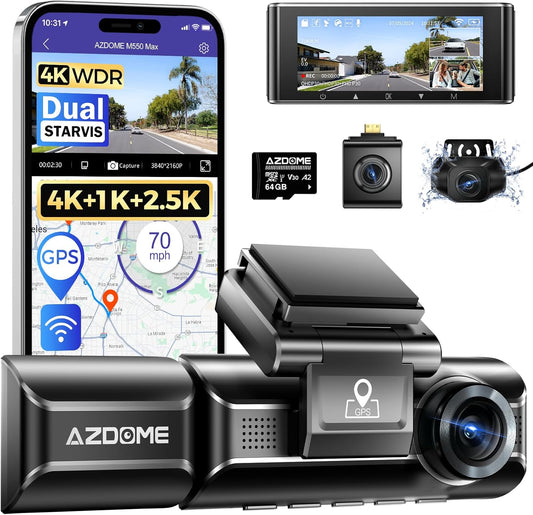 AZDOME M550 Max 4K 3 Channel Dash Cam, Dual STARVIS Sensors, 4K+2.5K+1080P.