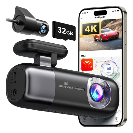 Car dashboard camera with smartphone displaying app interface, 32GB microSD card, and Redtiger logo.