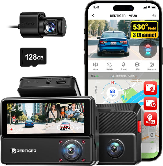 REDTIGER VP20 530° Dash Cam 3 Channel, 2.5K+2.5K+1080P Triple Car Camera