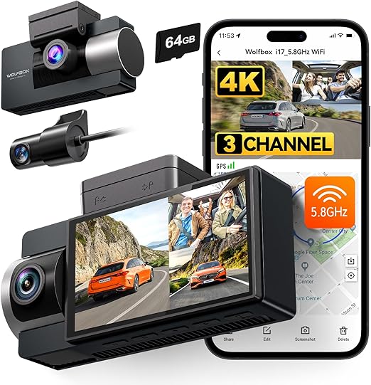 WOLFBOX i17 4K 3 Channel Dash Cam Built-in 5.8GHz WiFi GPS with 64GB Card, 4K+1080P+1080P Dash Cam